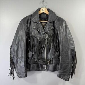UNIK Leather Fringe Jacket Womens Medium Black Motorcycle Western Belted